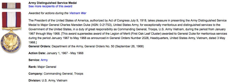 MG Duke, Distinguished Service Medal