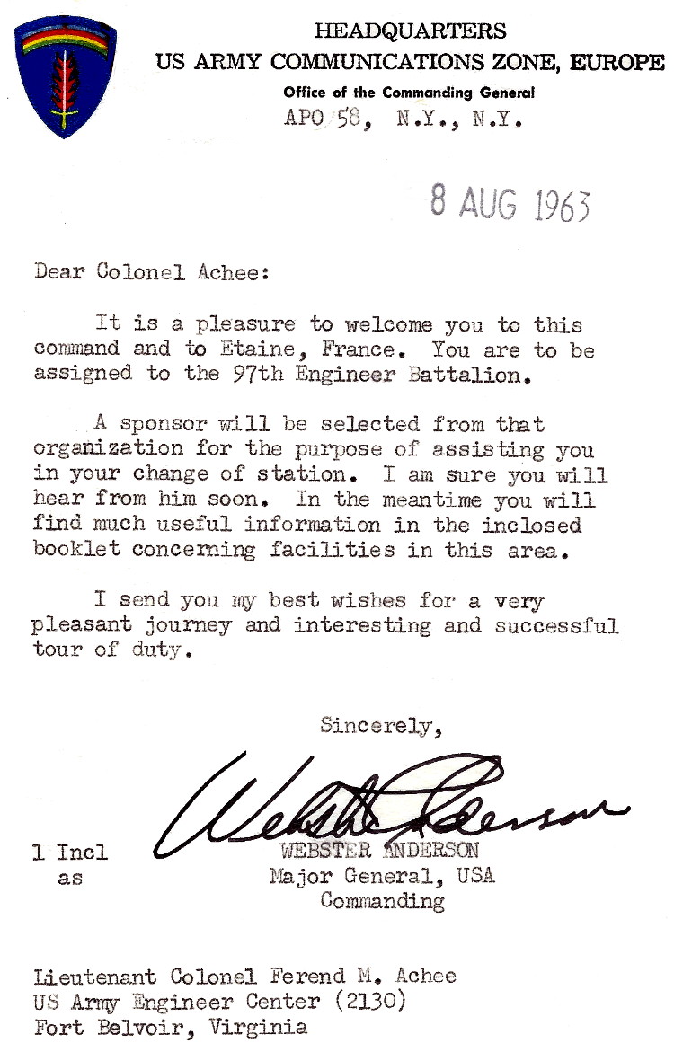 Welcome letter from MG Webster Anderson, Commander of the Communications Zone, U.S. Army Europe Welcome letter from MG Webster Anderson, Commander of the Communications Zone, U.S. Army Europe