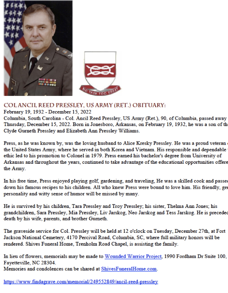 LTC (Retired) Ancil Reed Pressley obituary LTC (Retired) Ancil Reed Pressley obituary