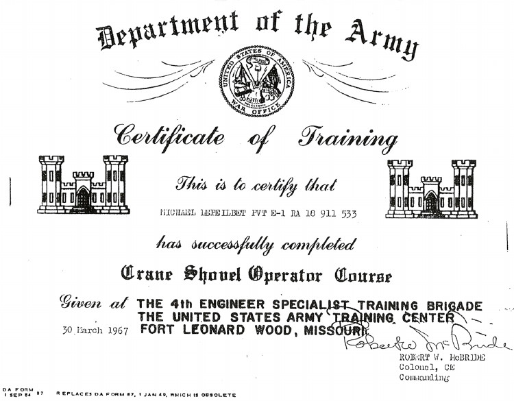 Graduation certificate for PVT Michael A. LePeilbet, 30 March 1967