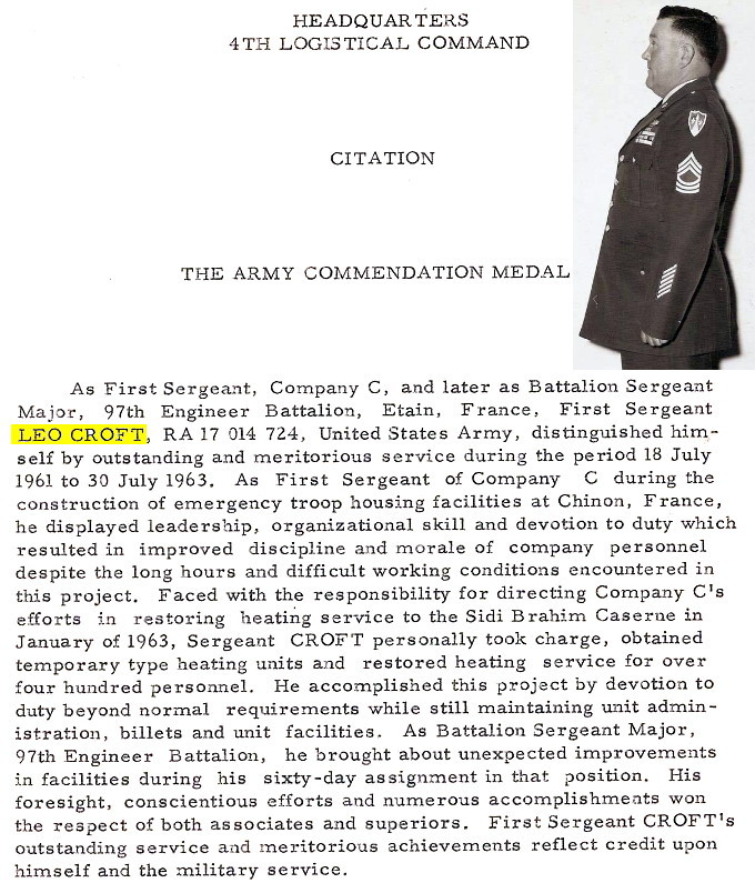 Army Commendation Medal citation, SGM William Leo Croft, 97th EBC Army Commendation Medal citation, SGM William Leo Croft, 97th EBC