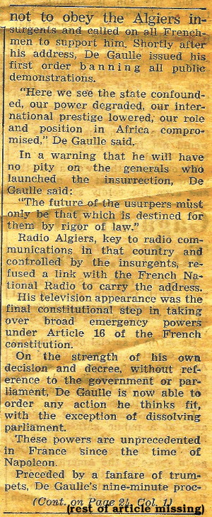 Stars and Stripes article dated 25 April 1961, partial page