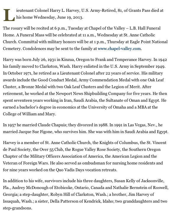 LTC (Ret) Harry L. Harvey Obituary LTC (Ret) Harry L. Harvey Obituary