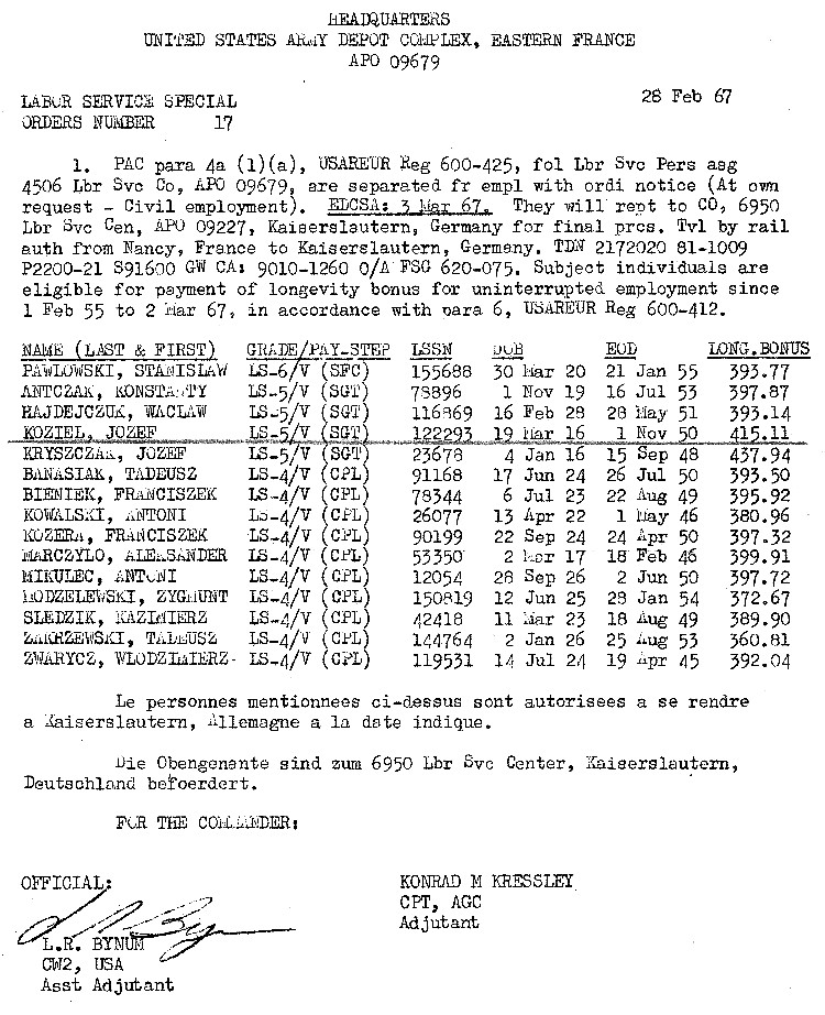 Polish Labor Service Special Order Number 17, dated 27 February 1967, courtesy of Remy Nacarro