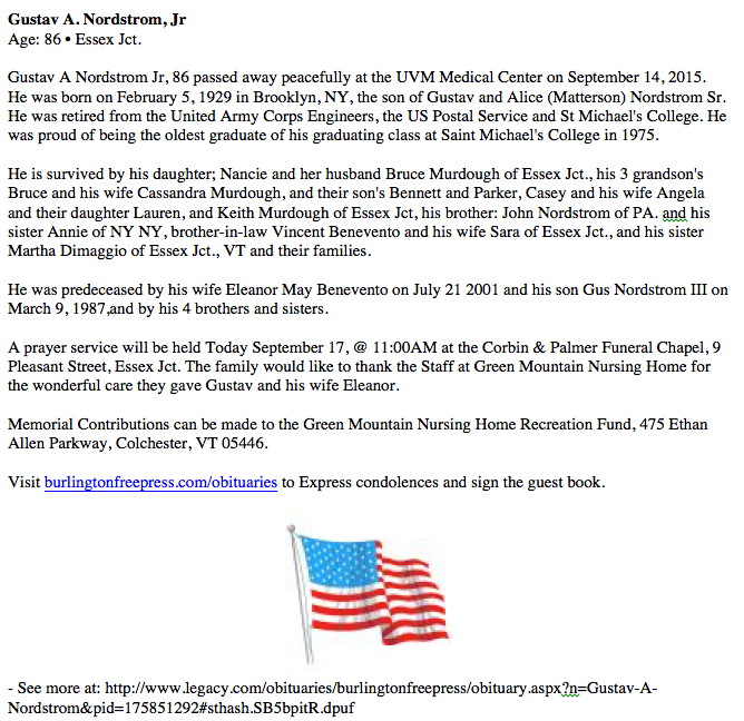 Gustave A. Nordstrom, Jr., deceased 14 September 2015