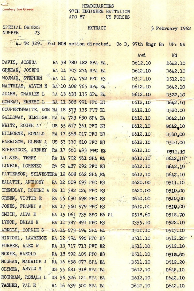SO 23, dated 3 February 1962, Co D, 97th Engr Bn (Const), page 1