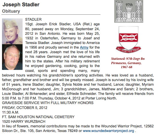 1SG Joseph E. Stadler Obituary, 2012 1SG Joseph E. Stadler Obituary, 2012