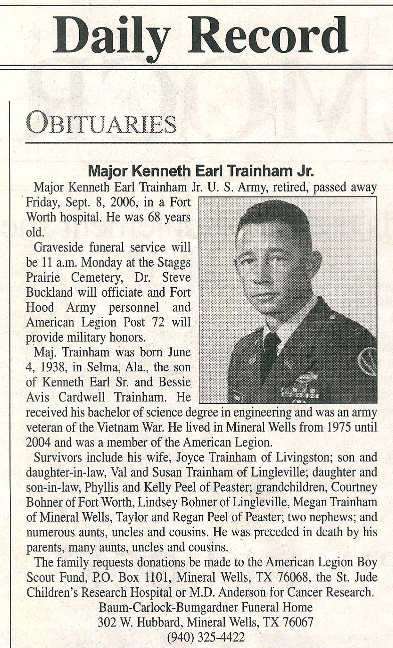 Major Kenneth Earl Trainham, Jr., Obituary, Sept 8, 2006 Major Kenneth Earl Trainham, Jr., Obituary, Sept 8, 2006
